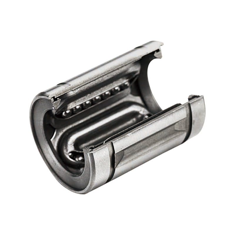 SDM OP UU open steel cage linear bearing with cutaway structure, designed for supported round shaft guide systems and high precision linear motion.